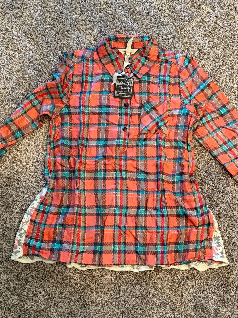 Matilda Jane Plaid Long-Sleeve Women's Tunic Shirt - Orange Multi